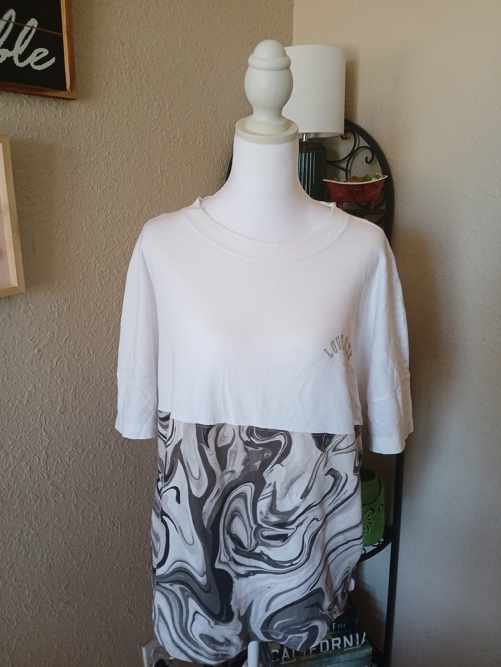 PINK Victoria's Secret White Crop Top with Gray Marble Panel